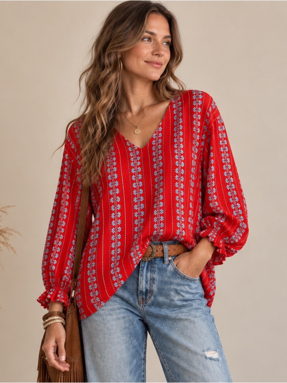 Croft & Barrow V-Neck Tunic in Red w Aqua Embroidery